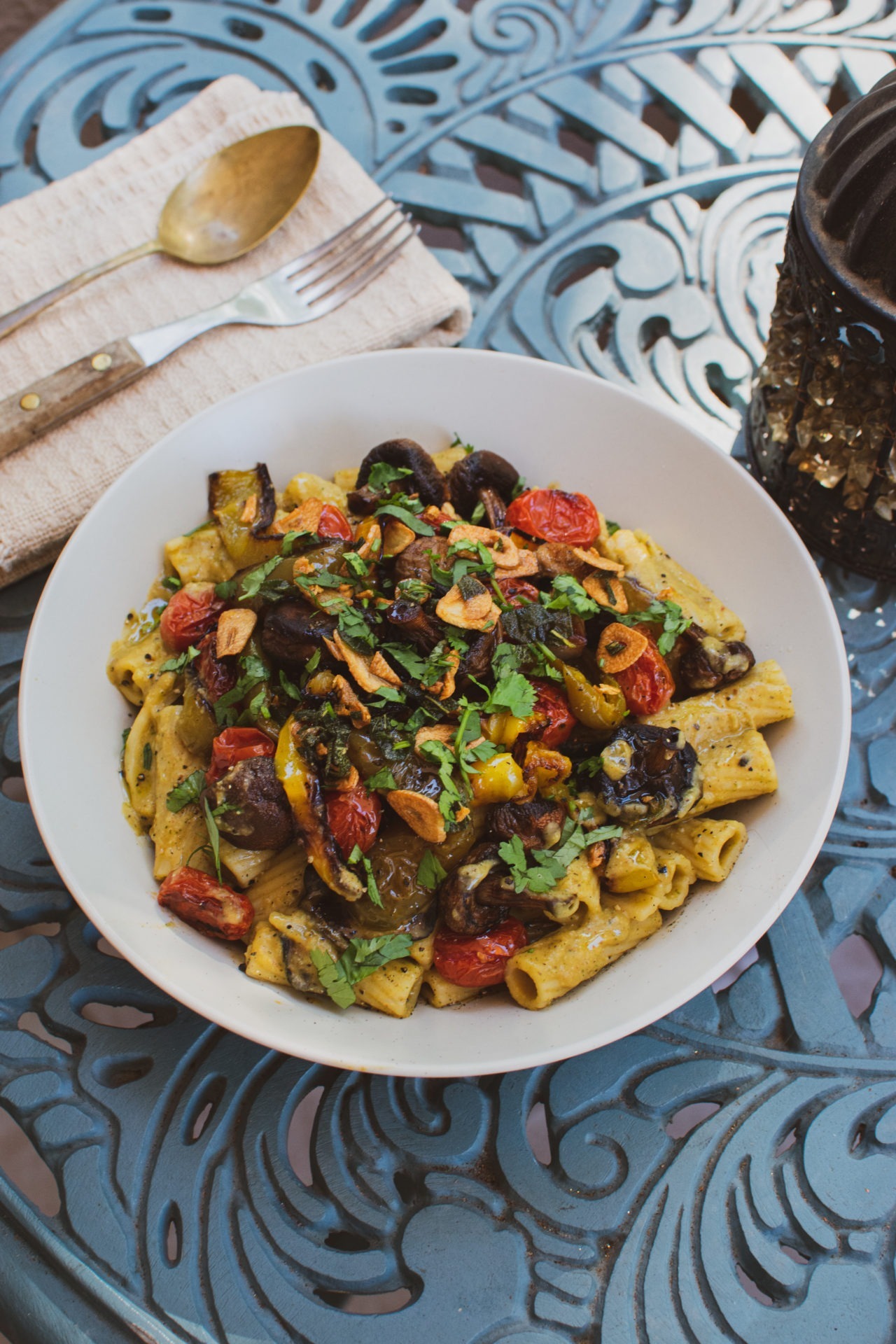 Vegan Hummus pasta with roast vegetables and a garlic & sage oil