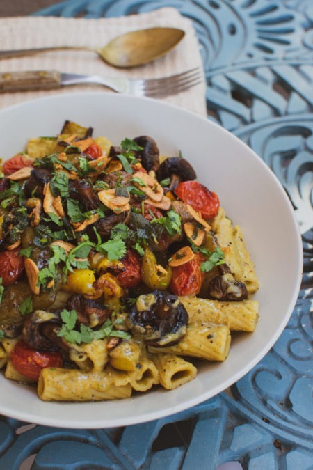 Vegan Hummus Pasta with Roast Veg and crispy garlic sage oil