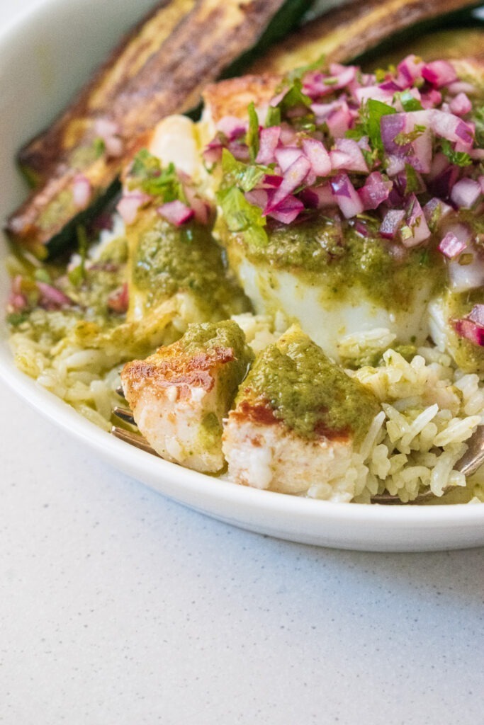 Pan Seared Fish with rice and vegetables